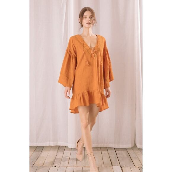 Storia Peasant Shift Dress Size Small Burnt Orange Tunic Shift Bell Sleeve New - Picture 1 of 12